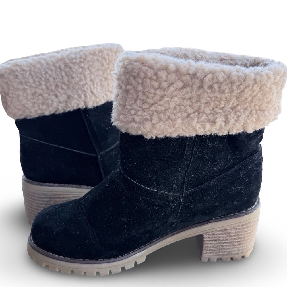 BearPaw Black Suede Ankle Booties with Cream Sherpa Cuff